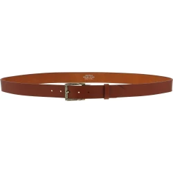 Genuine brown leather belt with classic rectangular metal buckle
