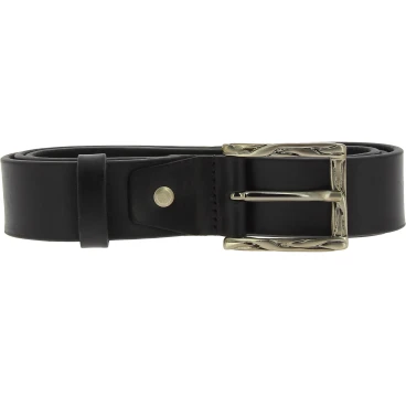 Genuine black leather belt with classic rectangular metal buckle
