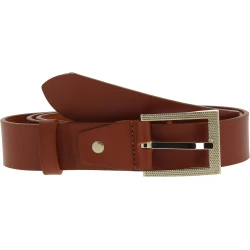 Genuine brandy leather belt with classic rectangular metal buckle