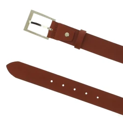 Genuine brandy leather belt with classic rectangular metal buckle