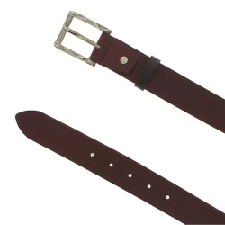 Genuine dark brown leather belt with classic rectangular metal buckle