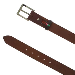 Genuine dark brown leather belt with classic rectangular metal buckle