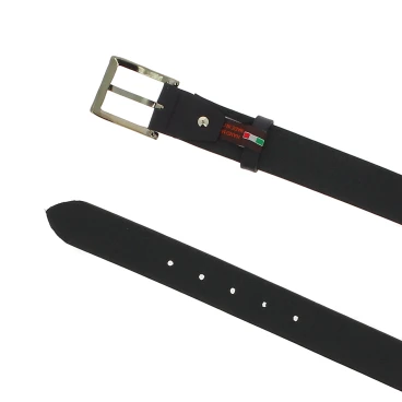 Genuine black leather belt with classic rectangular metal buckle