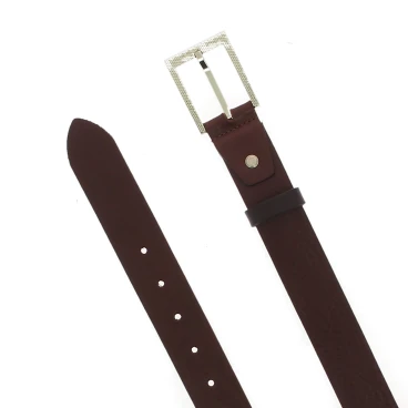 Genuine dark brown leather belt with classic rectangular metal buckle