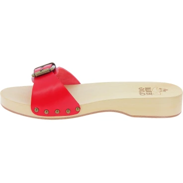 Handmade wooden clog slippers for men with adjustable red leather band