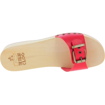 Handmade wooden clog slippers for men with adjustable red leather band