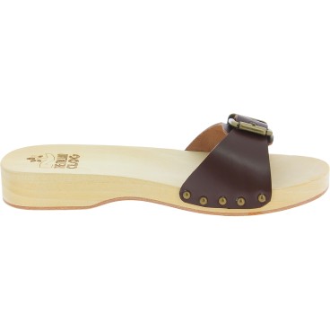 Handmade men's wooden clog sandals with adjustable dark brown leather band