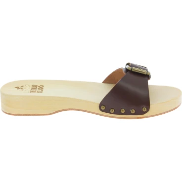 Zoccoli in legno uomo con fascia regolabile in pelle marrone scuro