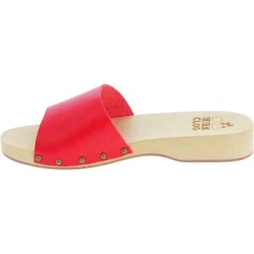 Handmade men's wooden clogs with large red leather band