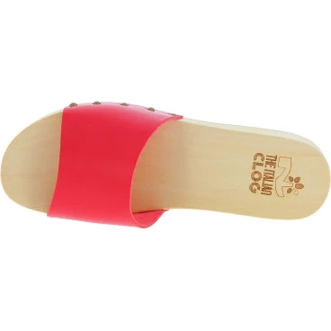Handmade men's wooden clogs with large red leather band