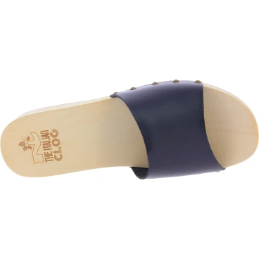 Mules en bois homme avec large bande de cuir noir artisanal