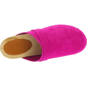 Zoccoli in legno con tomaia chiusa in pelle scamosciata rosa