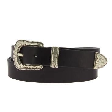 Ceinture en cuir noir avec boucle et pointe en métal gravé