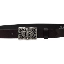 Handcrafted dark brown leather belt with Florentine lily buckle