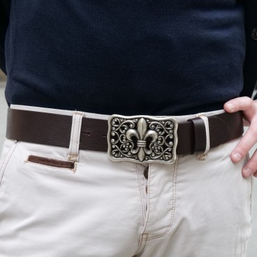 Handcrafted dark brown leather belt with Florentine lily buckle