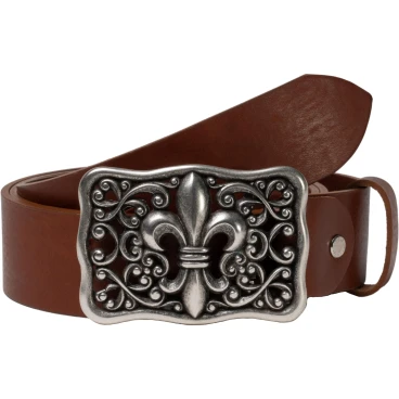 Handcrafted brown leather belt with Florentine lily buckle
