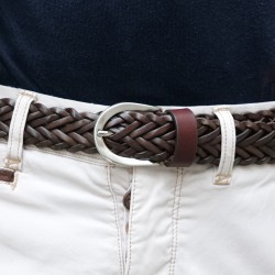 Hand woven belt in dark brown vegetable tanned leather