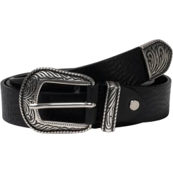 Black leather western belt for women with metal buckle and tip
