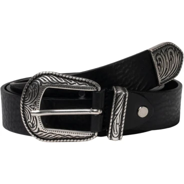 Black leather western belt for women with metal buckle and tip