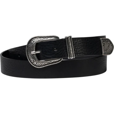 Black leather western belt for women with metal buckle and tip