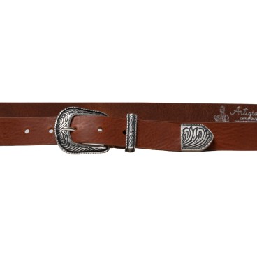 Tan leather western belt for women with metal buckle and tip