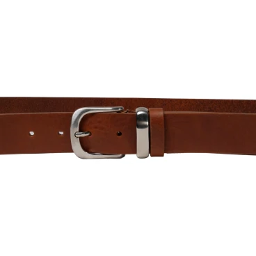 Handmade tan leather belt with metal buckle and loop