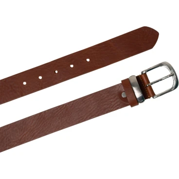 Handmade tan leather belt with metal buckle and loop