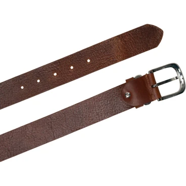 Handmade tan leather belt with metal buckle and loop
