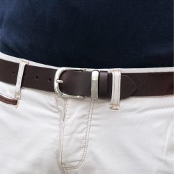 Handmade dark brown leather belt with metal buckle and loop