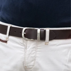 Handmade dark brown leather belt with metal buckle and loop