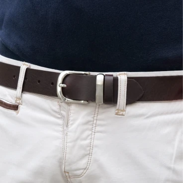 Handmade dark brown leather belt with metal buckle and loop