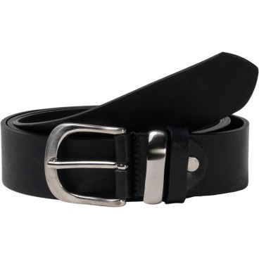 Handmade black leather belt with metal buckle and loop