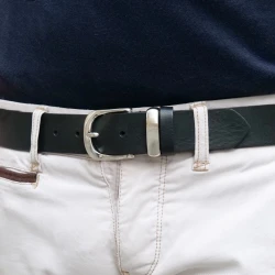 Handmade black leather belt with metal buckle and loop