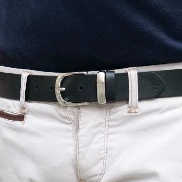 Handmade black leather belt with metal buckle and loop