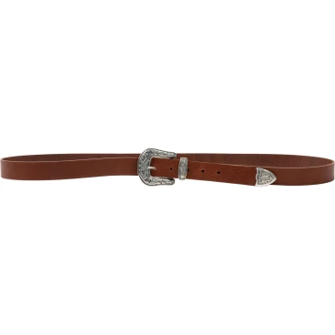 Brown leather western belt for women with metal buckle engraved