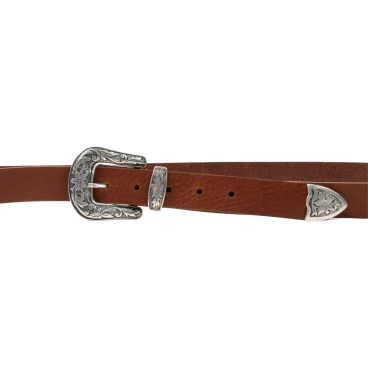 Brown leather western belt for women with metal buckle engraved