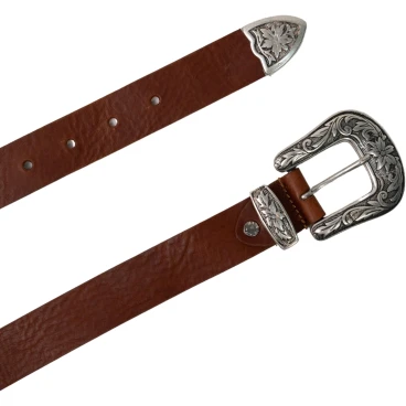 Brown leather western belt for women with metal buckle engraved