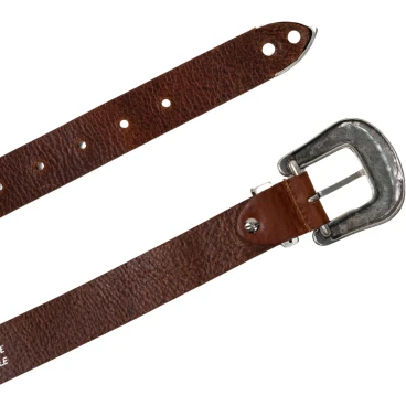Brown leather western belt for women with metal buckle engraved