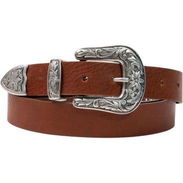Brown leather western belt for women with metal buckle engraved
