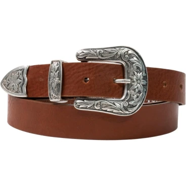 Brown leather western belt for women with metal buckle engraved