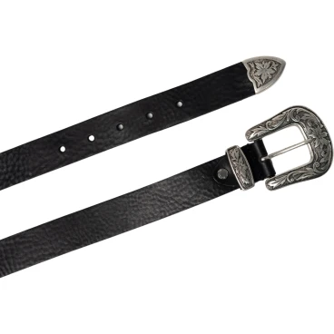Ceinture western en cuir noir pour femme avec boucle gravé