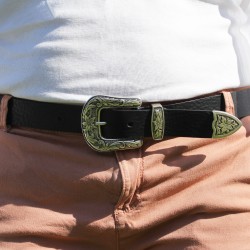Black leather western belt for women with metal buckle engraved