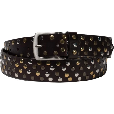 Cintura borchiata in pelle marrone scuro di 3,5 cm unisex