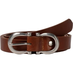 Genuine brandy leather belt with classic rectangular metal buckle