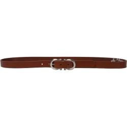 Genuine brandy leather belt with classic rectangular metal buckle