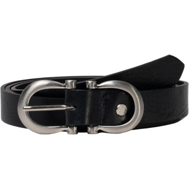 Handmade black leather belt with metal figure eight buckle