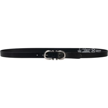 Handmade black leather belt with metal figure eight buckle