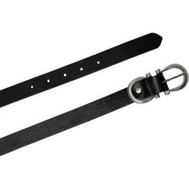 Handmade black leather belt with metal figure eight buckle