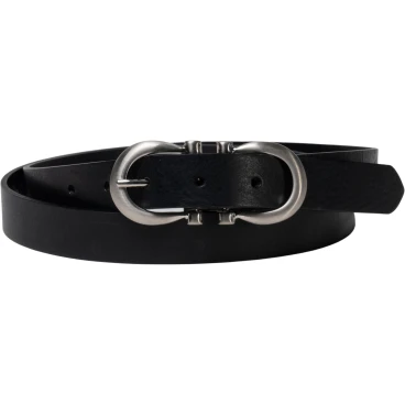 Handmade black leather belt with metal figure eight buckle