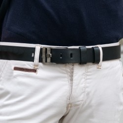 Handmade black leather belt rectangular buckle with flat pin